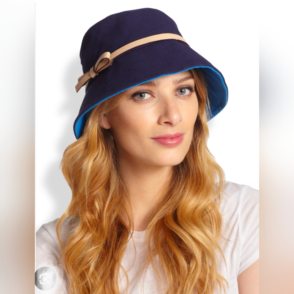 NWT Kate Spade Hats Off Bucket Hat Bonded Canvas Navy Blue Tan Leather Trim - Picture 11 of 12